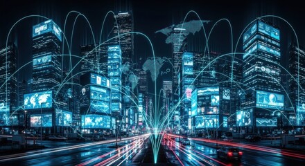 A futuristic cityscape with glowing blue lights and digital screens, connected by a network of lines and dots.
