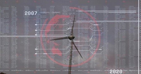 Showing wind turbine tower nacelle rotor at wind farm overlaying red globe data lines 2007 2020