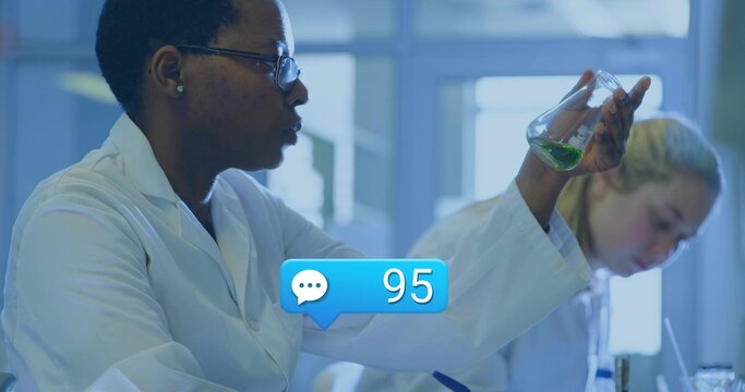 Holding woman wearing white lab coat examining green beaker at lab bench, with glasses bubble 95