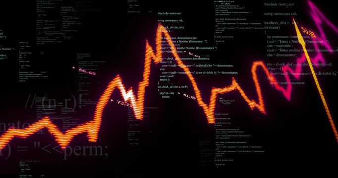 Pulsing orange waveform stretching across virtual canvas, intersecting C++ code, math, magenta glow