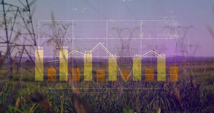 Displaying translucent bar-line chart over rural field at sunset, showing tower and numeric labels