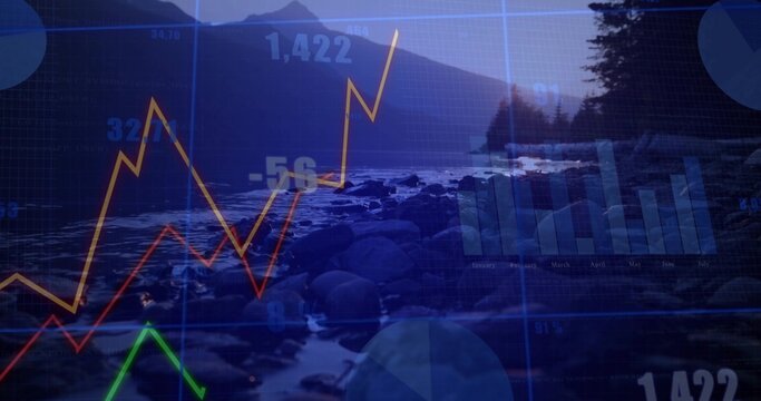 Blending rocky shoreline and calm water at lakeshore dusk with colored graphs and numeric readouts