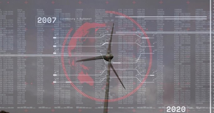 Showing wind turbine tower nacelle rotor at wind farm overlaying red globe data lines 2007 2020