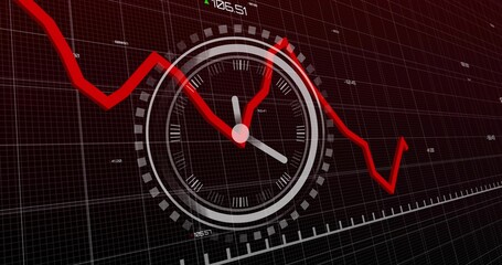 Displaying central analog clock graphic showing three hands on dark 3D grid, with red chart