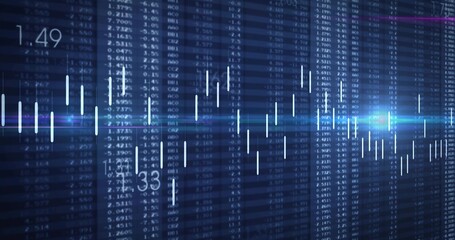 Fototapeta premium Displaying market chart centered on screen, showing candlestick bars, numeric grid, light streaks