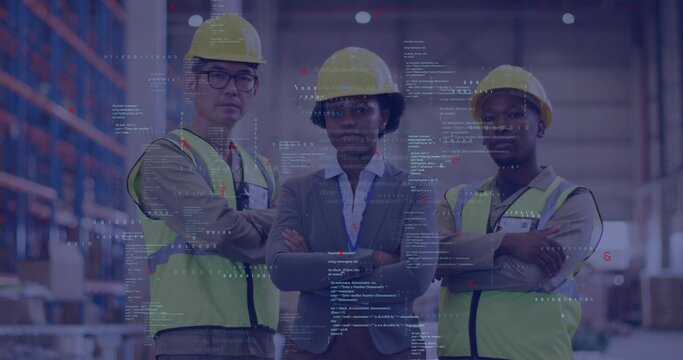 Posing three warehouse team wearing yellow helmets neon vests blazer ID by racks showing UI overlay