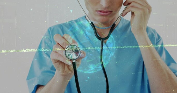 Presenting doctor in blue scrubs holding stethoscope at clinic with holographic globe waveform data