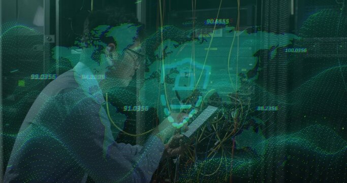 Inspecting Korean IT tech wearing light shirt tie checking tablet in data center with patch cables