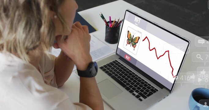 Leaning woman in blouse clasping chin, viewing NFT laptop butterfly price chart at desk, copy space