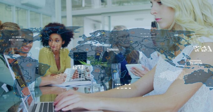 Typing woman in white lace, working on laptop in meeting room, with data overlay, copy space