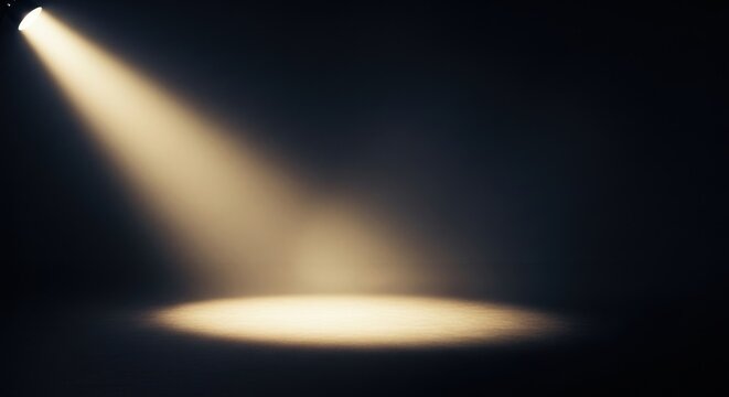 A spotlight illuminates a dark stage, casting a warm glow on the floor.