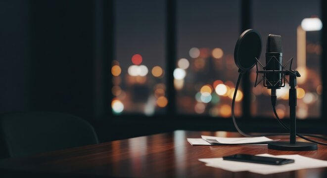 A microphone and microphone stand in a dimly lit room with a cityscape in the background.