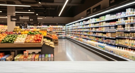 Fototapeta premium Empty supermarket aisle with shelves stocked with various grocery items.