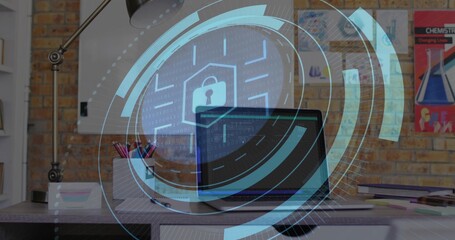 Displaying modern laptop showing cybersecurity lock HUD on desk at home office, with pencils