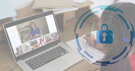 Showing laptop with online class on desk, teacher in blue, child using green pencil, lock overlay