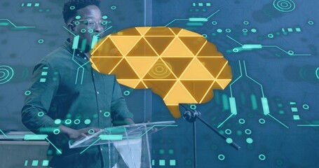 Presenting man wearing glasses, green shirt behind lectern, mic, golden brain, teal HUD, copy space