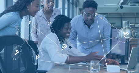 Pointing team business casual demonstrating on laptop at office with headset monitor Wi-Fi graphics