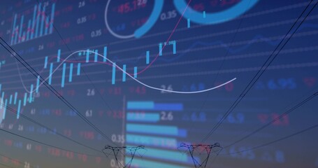 Overlaying visualization showing power pylons and lines at dusk, with candlesticks, gauges, grid