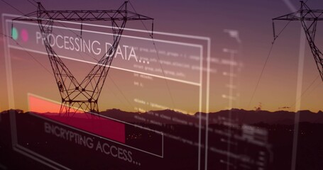 Silhouetting tower spanning power lines at dusk, overlaying PROCESSING DATA, ENCRYPTING ACCESS
