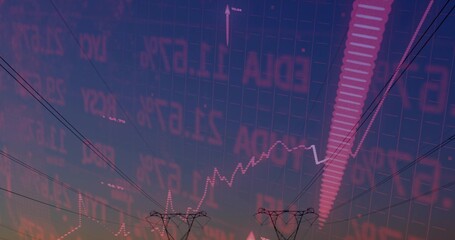 Displaying translucent market overlay across dusk power lines, showing towers, tickers, candlestick