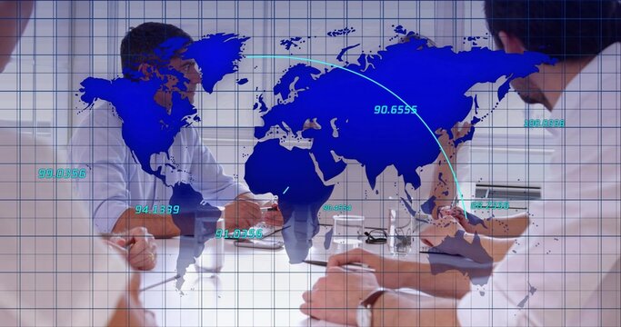 Discussing global data, team wearing suits leaning around conference table, with world map overlay - Powered by Adobe