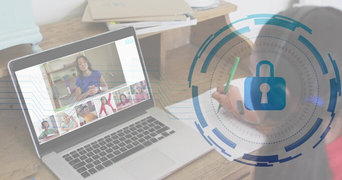 Showing laptop with online class on desk, teacher in blue, child using green pencil, lock overlay