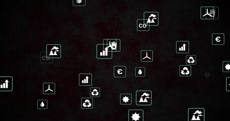 Displaying mint tiles cluster floating on dark canvas, showing charts, recycling, water, euro, CO2
