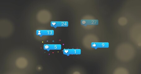 Floating six blue notification bubbles hovering on dark backdrop, showing icons, badges, confetti