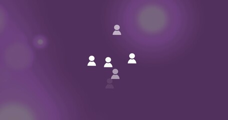Displaying cluster of five user icons forming hierarchy on UI splash screen, purple gradient bokeh