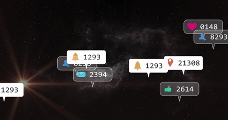 Fototapeta premium Floating notification bubbles drifting across starfield, showing icon counters and left lens flare
