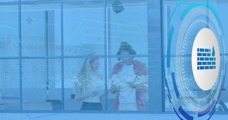 Examining plants, man in red jacket and woman in white top by glass, HUD brick icon