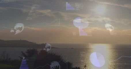 Fototapeta premium Bathing centered sun casting vertical reflection over calm sea near dark headland, with HUD charts