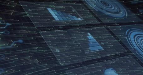 Displaying translucent data panel centered in virtual dark workspace, showing blue bar charts