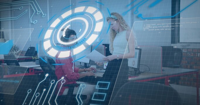 Holding papers, standing woman in sleeveless white top talking to seated man in modern office, HUD - Powered by Adobe