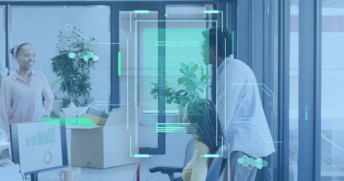 Discussing four colleagues in business wear in modern office, pointing at charts near cardboard box - Powered by Adobe