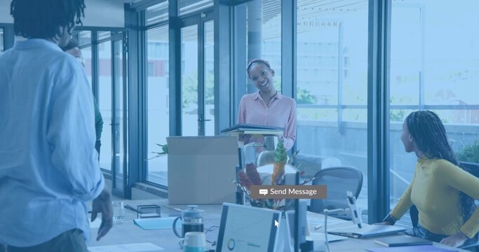 Presenting folders standing woman engaging team in office wearing collared shirt with cardboard box