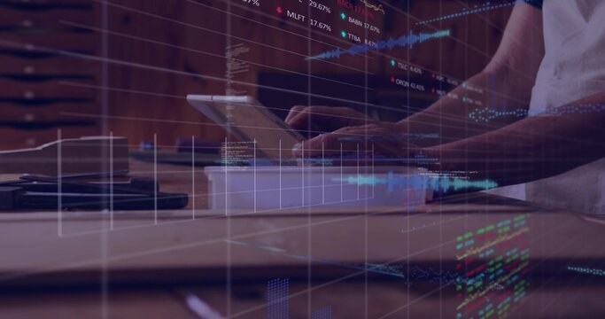 Tapping adult male in light shortsleeve shirt at desk, showing tablet, white box and charts overlay