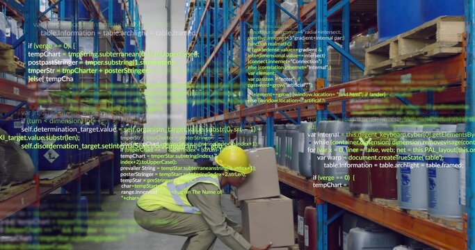 Crouching worker wearing hi-vis vest, helmet, handling boxes in warehouse aisle with code overlay - Powered by Adobe