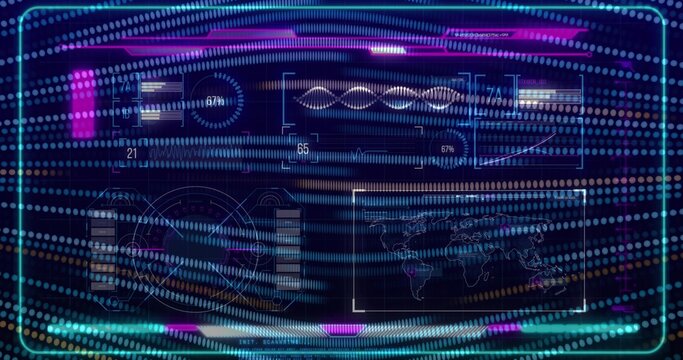 Displaying holographic dashboard in dark virtual space, showing cyan frame, waveform and world map