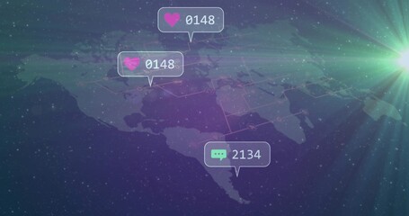 Showing clear N or C America map with glowing nodes and links, callouts 0148,2134, lens flare aurora