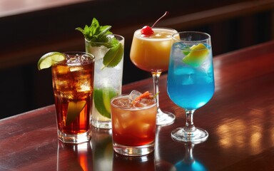 Vibrant cocktails on a bar top ready for a party, happy hour, or celebration with friends, perfect for summer ads or social media promotions