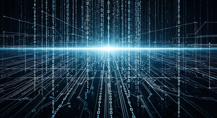 Futuristic Digital Data Stream with Central Glowing Light Beam, Representing Information Flow, Connectivity, and Cyberspace Technology