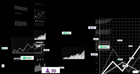 Displaying cluster of overlapping line graphs and metric badges on black UI canvas, showing icons
