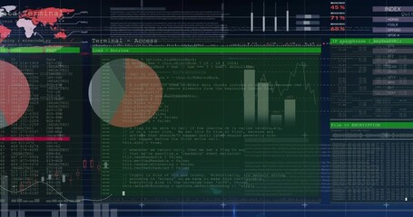 Showing layered dashboard on-screen, displaying Terminal Access window, pie charts, candlestick