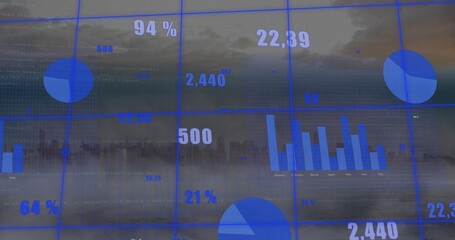 Displaying translucent blue grid overlay with pie charts bar chart metrics over hazy harbor skyline