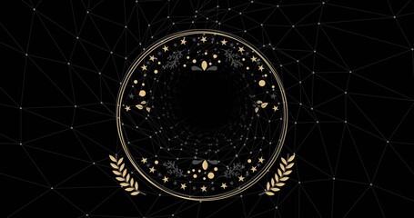 Fototapeta premium Centering gold medallion showing concentric rings and black void, gold stars on dark wireframe