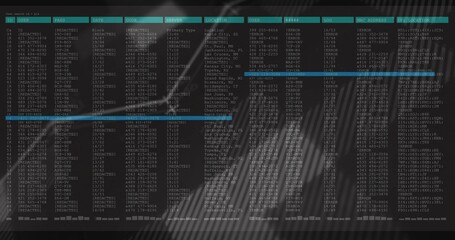 Displaying widescreen monitor showing dense table at workstation, with mono font, cyan highlights