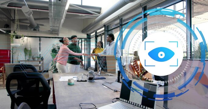 Shaking hands colleagues greeting in open office, woman in pink blouse holding box with HUD overlay