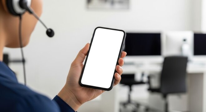 A person holding a smartphone with a blank screen in an office setting. - Powered by Adobe