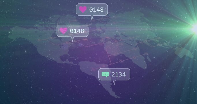 Showing clear N or C America map with glowing nodes and links, callouts 0148,2134, lens flare aurora